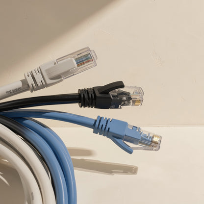 Signalweave – Close-up of white, black and blue Cat6 cable ends with clear RJ-45 plugs and strain-relief boots