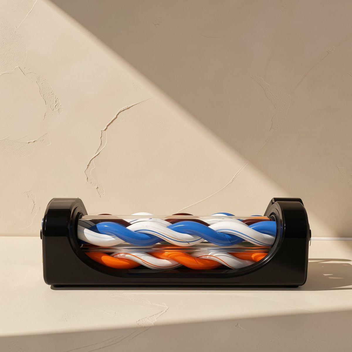 Signalweave – Cutaway display of twisted blue, white and orange wire pairs inside a clear cable sample on a black stand