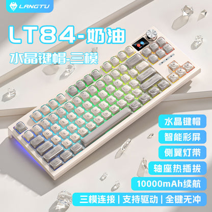 Keystream 84-Key Mechanical Keyboard in cream with translucent crystal keycaps, RGB glow, and a small color screen