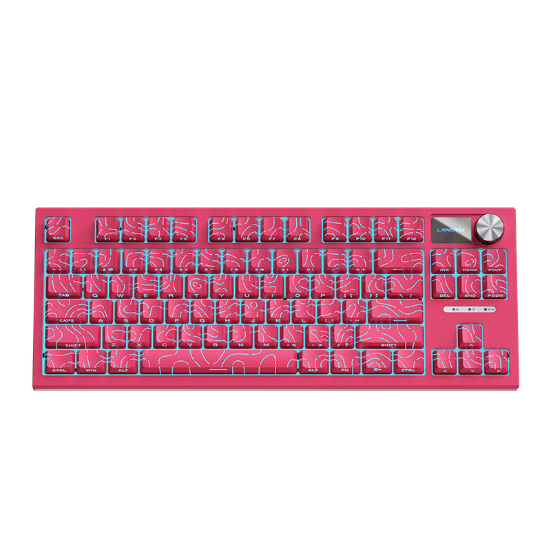 Keystream – Top view of the keyboard in pink with contour-line keycap pattern, cyan backlight, knob and screen