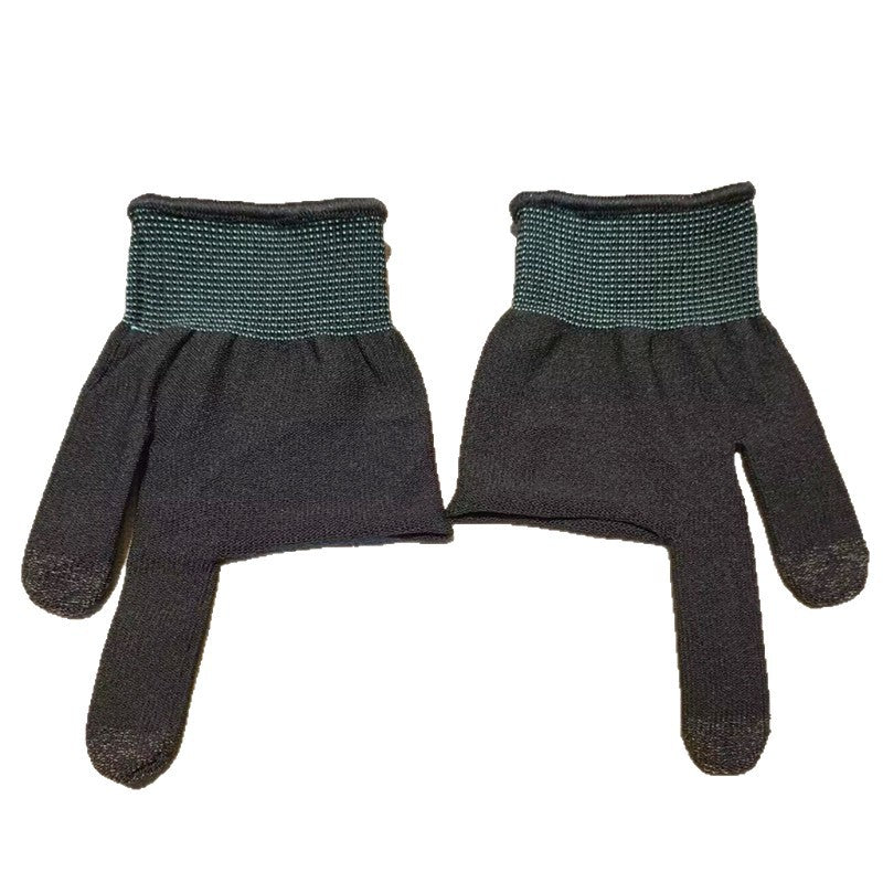 Swipeflex – Pair of black gloves laid flat, palm side up, with gray conductive fingertips and green cuffs