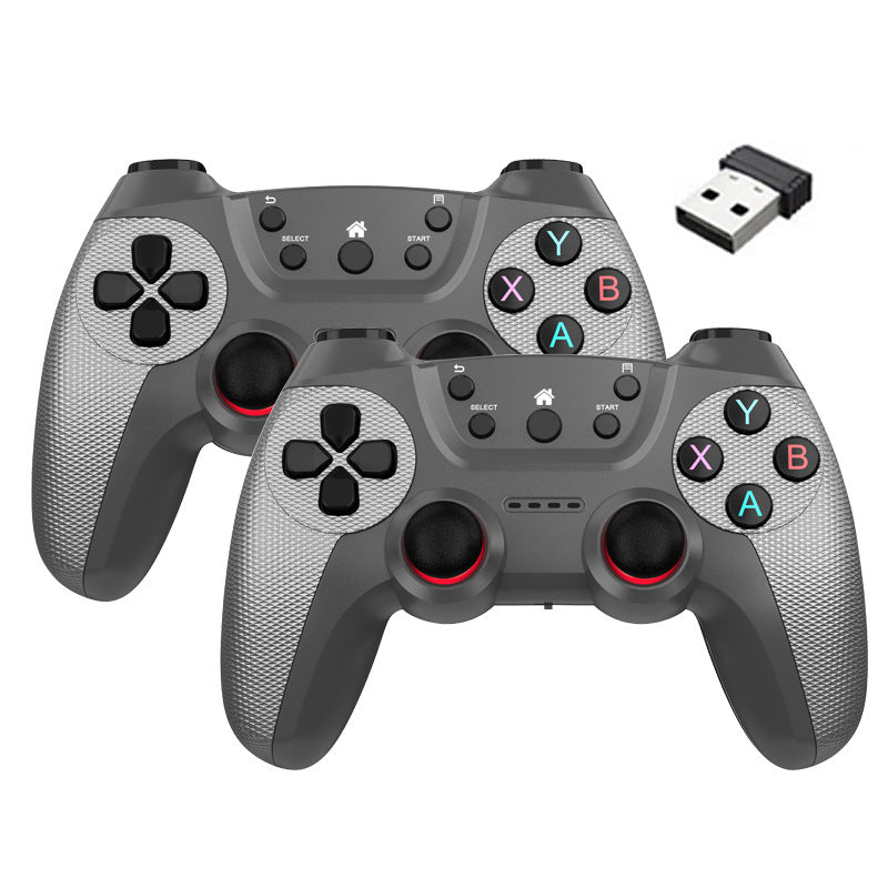 Pairpad – Pair of grey textured gamepads with red-ringed thumbsticks and a USB dongle