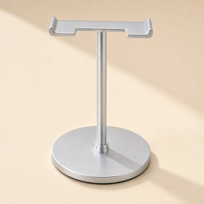 Twinrack Double Headphone Storage Rack – silver T-shaped headphone stand with round base, front view on a beige background