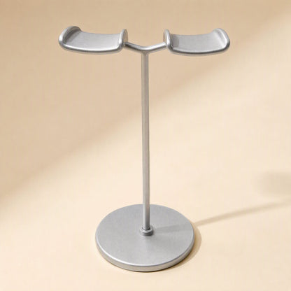 Twinrack – Front view of silver double headphone stand with two upturned cradle arms on a slim pole