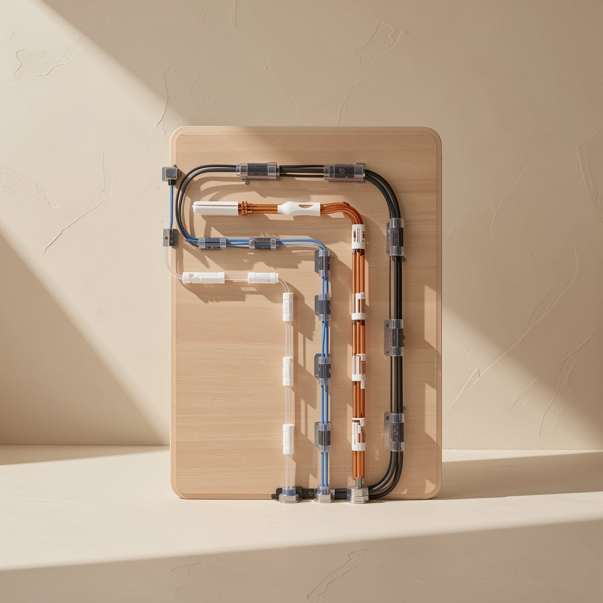 Stickloop – Wooden board with black, blue and copper cables routed in neat lines by clear and white cable clips