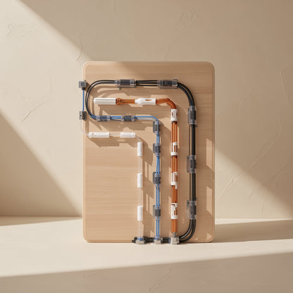 Stickloop – Wooden board with black, blue and copper cables routed in neat lines by clear and white cable clips