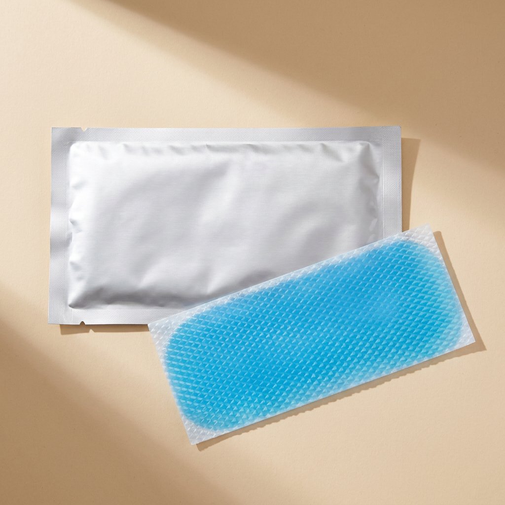 Chilldots Hydrogel Cooling Stickers: silver foil pouch beside a blue hydrogel sheet with diamond texture