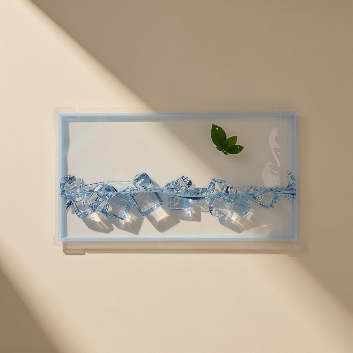 Chilldots – Single sachet with ice cubes along the bottom and a green leaf, lit by diagonal window light