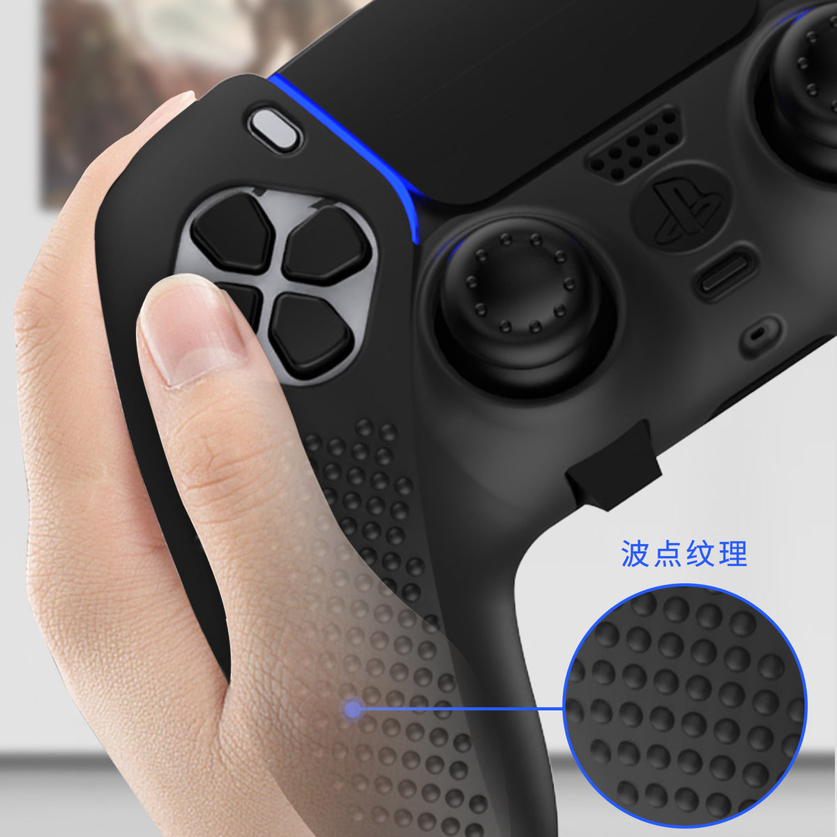 Gripdot – Hand gripping a black controller cover, with a close-up of the dotted grip texture on the side