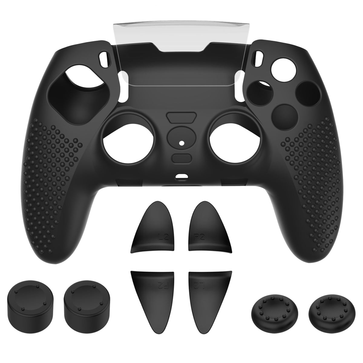Gripdot – Black silicone controller cover with clear film, four trigger extenders and four thumbstick caps laid out