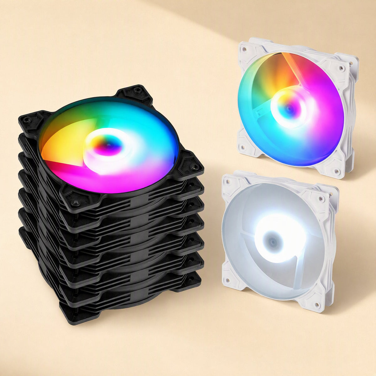 Deskwhirl Desktop Computer Cooling Fan in a stack of black RGB fans beside two white fans on a beige backdrop