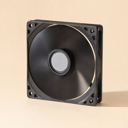 Deskwhirl – Black 12cm fan seen from the back with a smooth solid hub and square frame with mounting holes