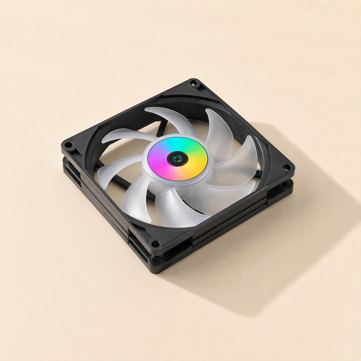 Deskwhirl – Black-framed fan angled from above with white blades and a rainbow-lit center hub, two fans stacked
