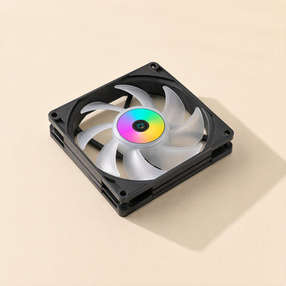 Deskwhirl – Black-framed fan angled from above with white blades and a rainbow-lit center hub, two fans stacked