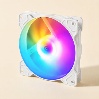 Deskwhirl – White-framed fan angled from the front with a rainbow gradient glow across the blades and hub