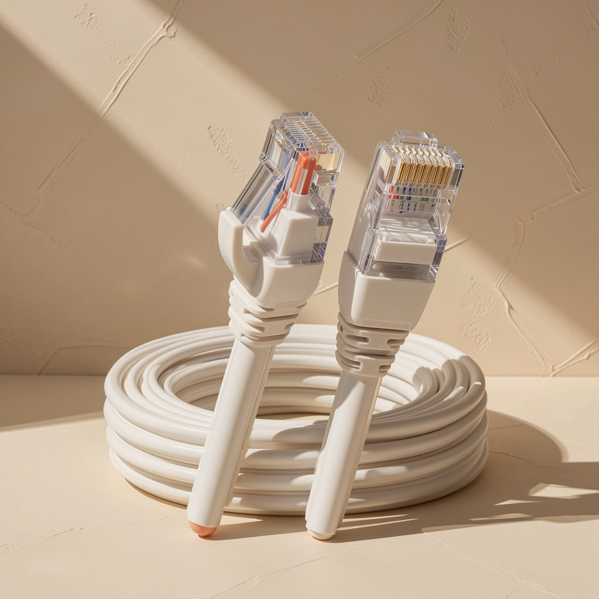 Linklane Cat 6 RJ-45 network cable coiled in white loops with two clear connectors standing upright
