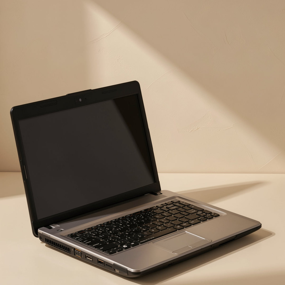 Linklane – Open silver laptop with a dark screen and visible ports on a cream surface in angled sunlight