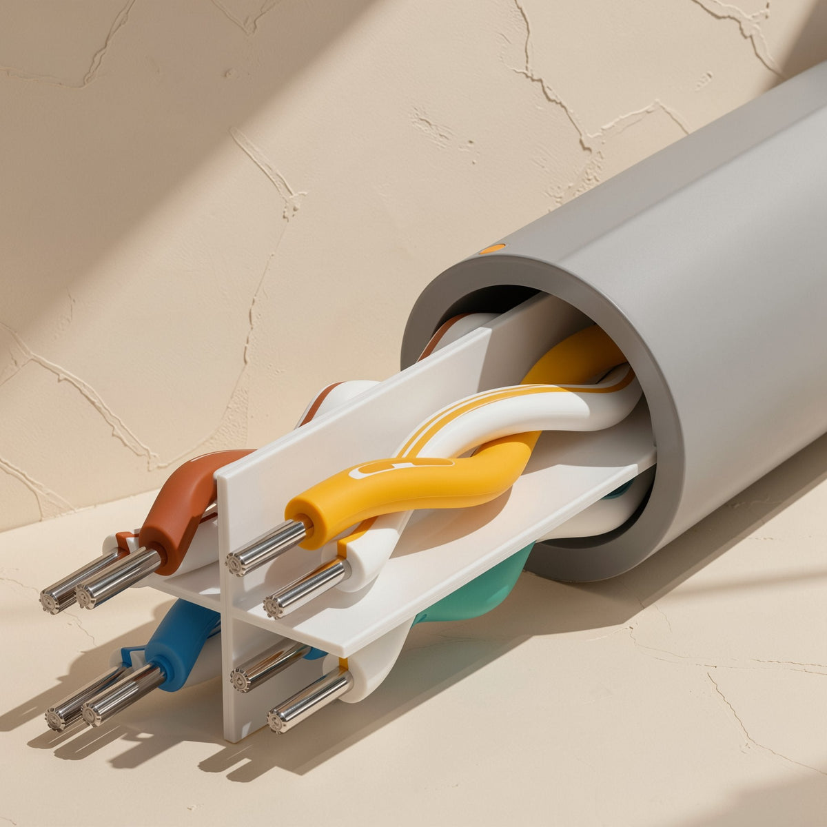 Linklane – Cutaway of the twisted pair cable showing orange, yellow, blue and green wires around a white divider