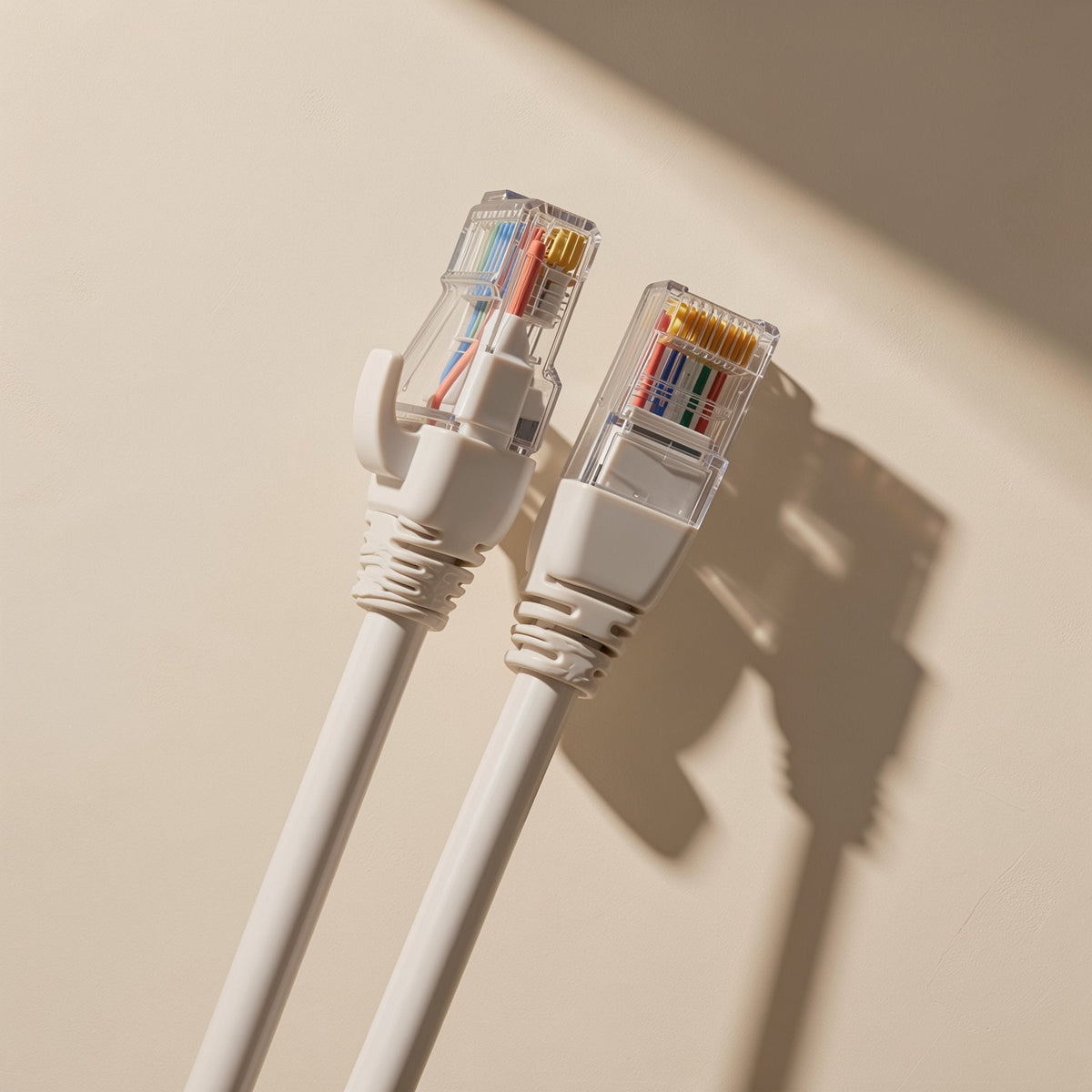 Linklane – Close view of two white RJ-45 plugs with visible colored wires, casting shadows on a beige wall