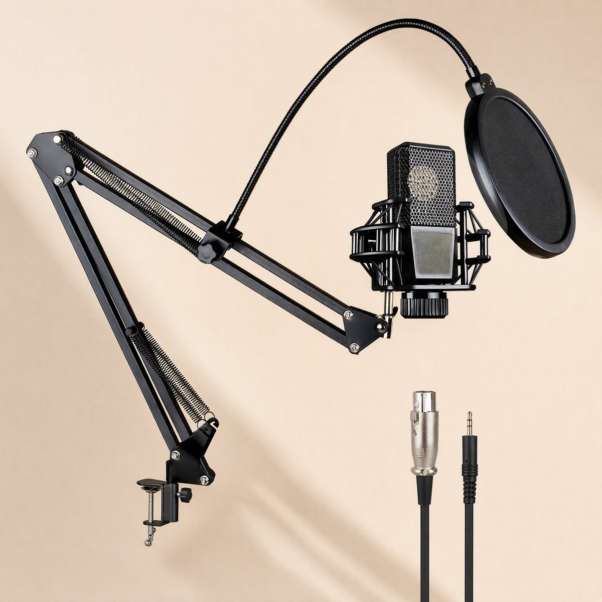 Tonecapture condenser microphone on boom arm with pop filter, shock mount and XLR cable on beige background