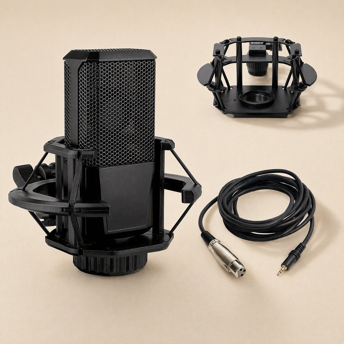 Tonecapture Condenser Microphone – black condenser microphone in shock mount beside a spare mount and coiled XLR cable