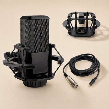 Tonecapture Condenser Microphone – black condenser microphone in shock mount beside a spare mount and coiled XLR cable