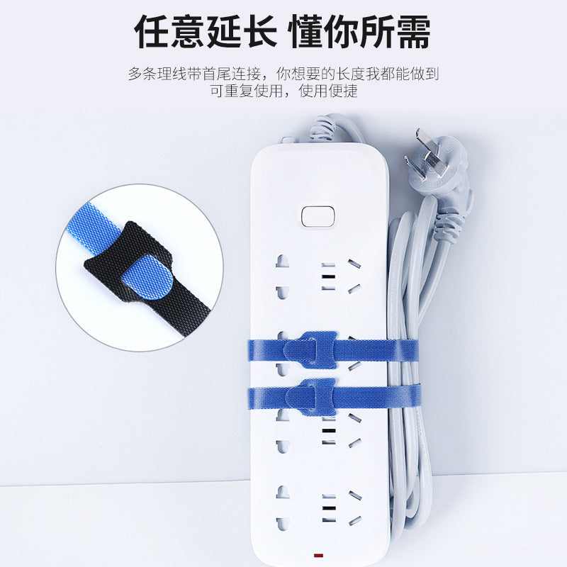 Catchet – Blue hook-and-loop straps wrapped around a white power strip, with a close-up of two ties joined end to end