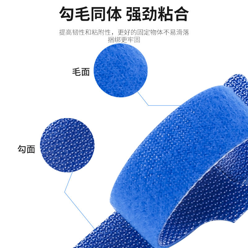 Catchet – Close-up of a blue strap showing the fuzzy loop side and the hooked side, with Chinese labels