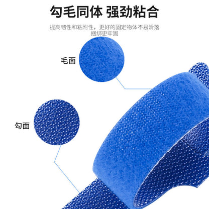 Catchet – Close-up of a blue strap showing the fuzzy loop side and the hooked side, with Chinese labels