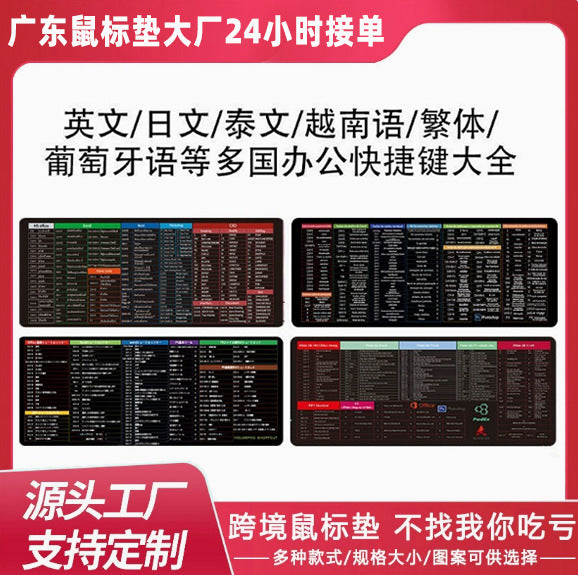 Braxwell Oversized Lock Edge Mouse Pad shown as four black shortcut-key layouts under Chinese multilingual text