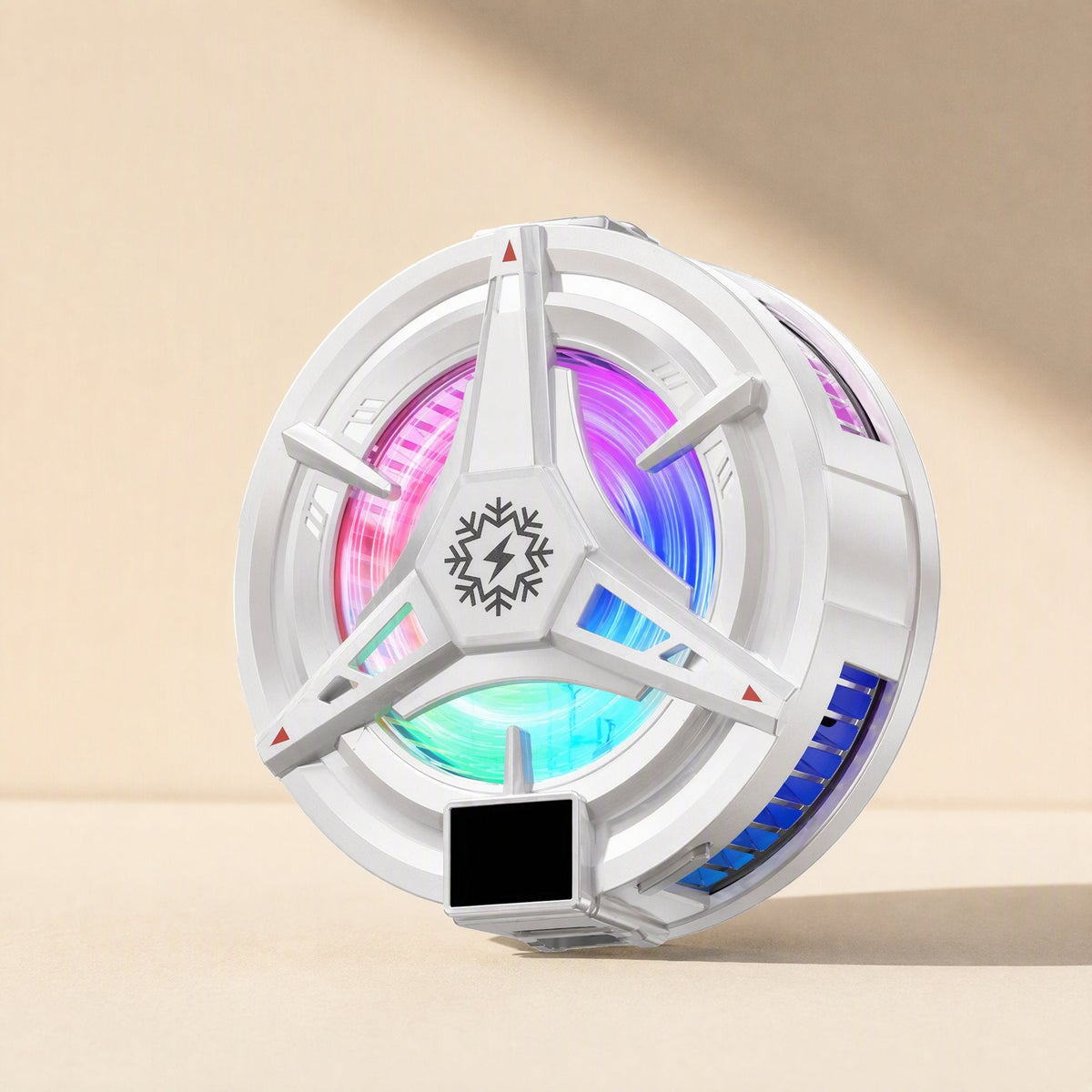 Icecore – White round cooler with three-spoke front, snowflake logo, and pink-blue-green glow, shown at an angle