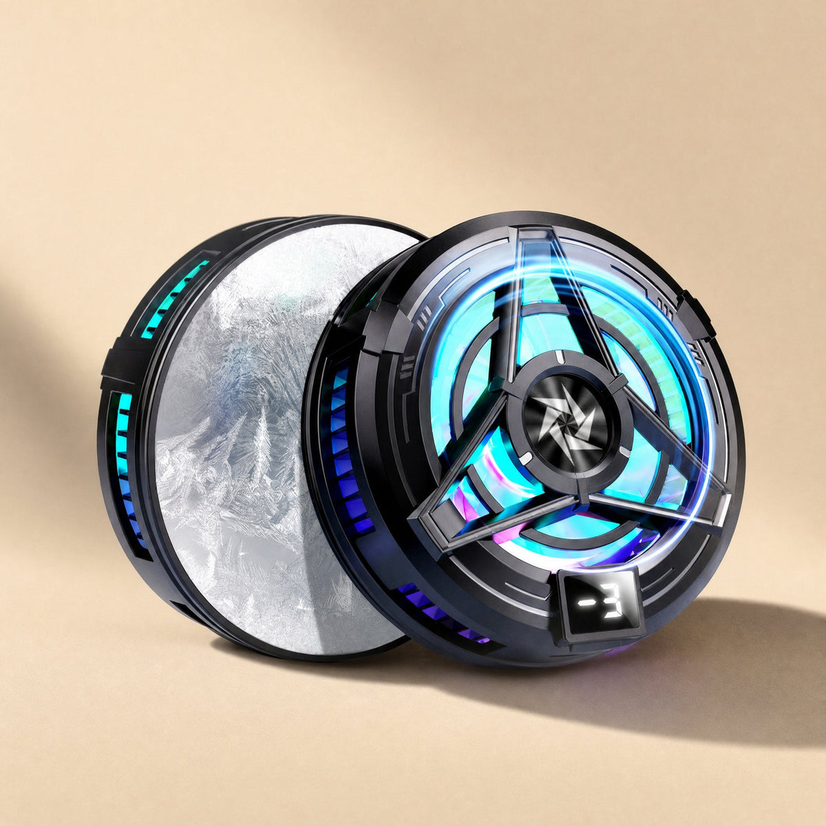 Icecore – Black round cooler with glowing fan and digital display, beside a second unit showing its frosted back plate