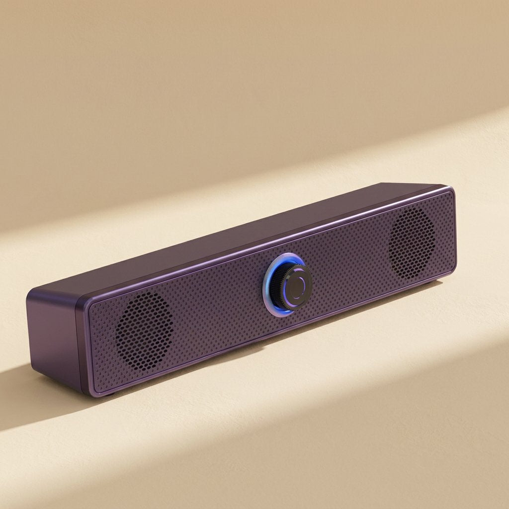 Deskbeat Desktop Computer Speaker in purple, angled view with a glowing blue ring around the center knob