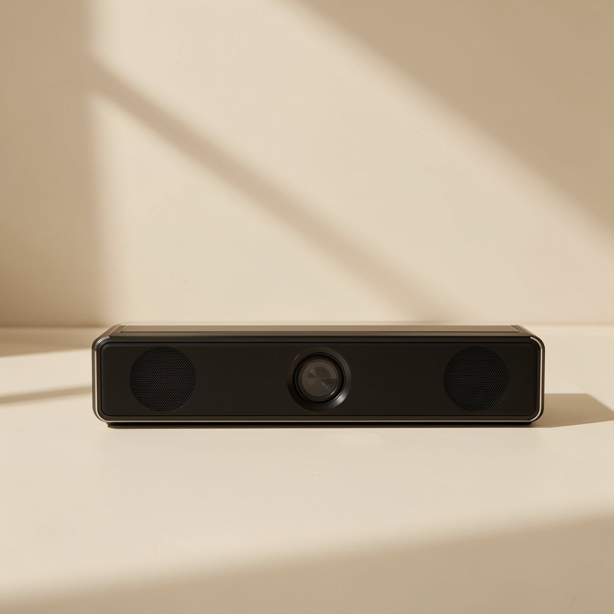 Deskbeat – Black soundbar-style speaker seen straight on, with two round grilles and a center knob on a cream surface