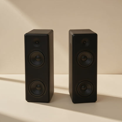 Deskbeat – Pair of tall black tower speakers, each with two round drivers and a small tweeter, on a cream surface