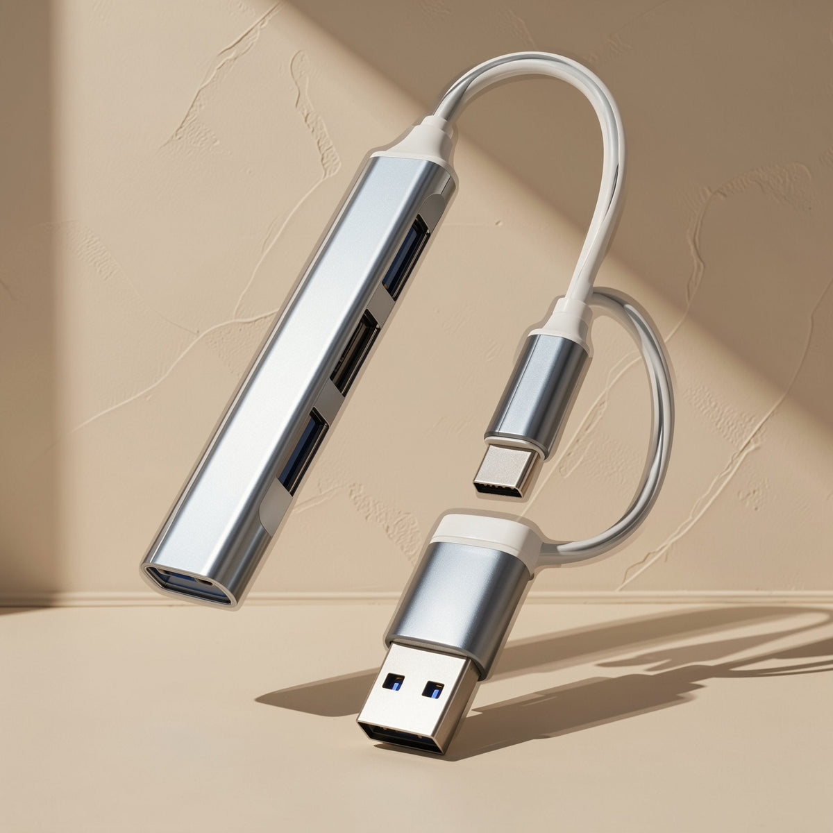 Docklink USB 3.0 OTG Docking Station in silver floating with its white cable, USB-A and USB-C connectors
