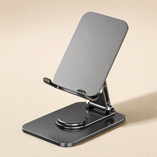 Phonehold – Dark gray rotating phone stand shown at an angle with its round swivel base visible