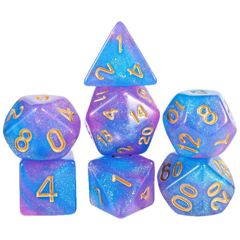 Facetforge Acrylic Multi-Sided Dice – stacked set of blue and purple shimmering dice with gold numerals on a white background