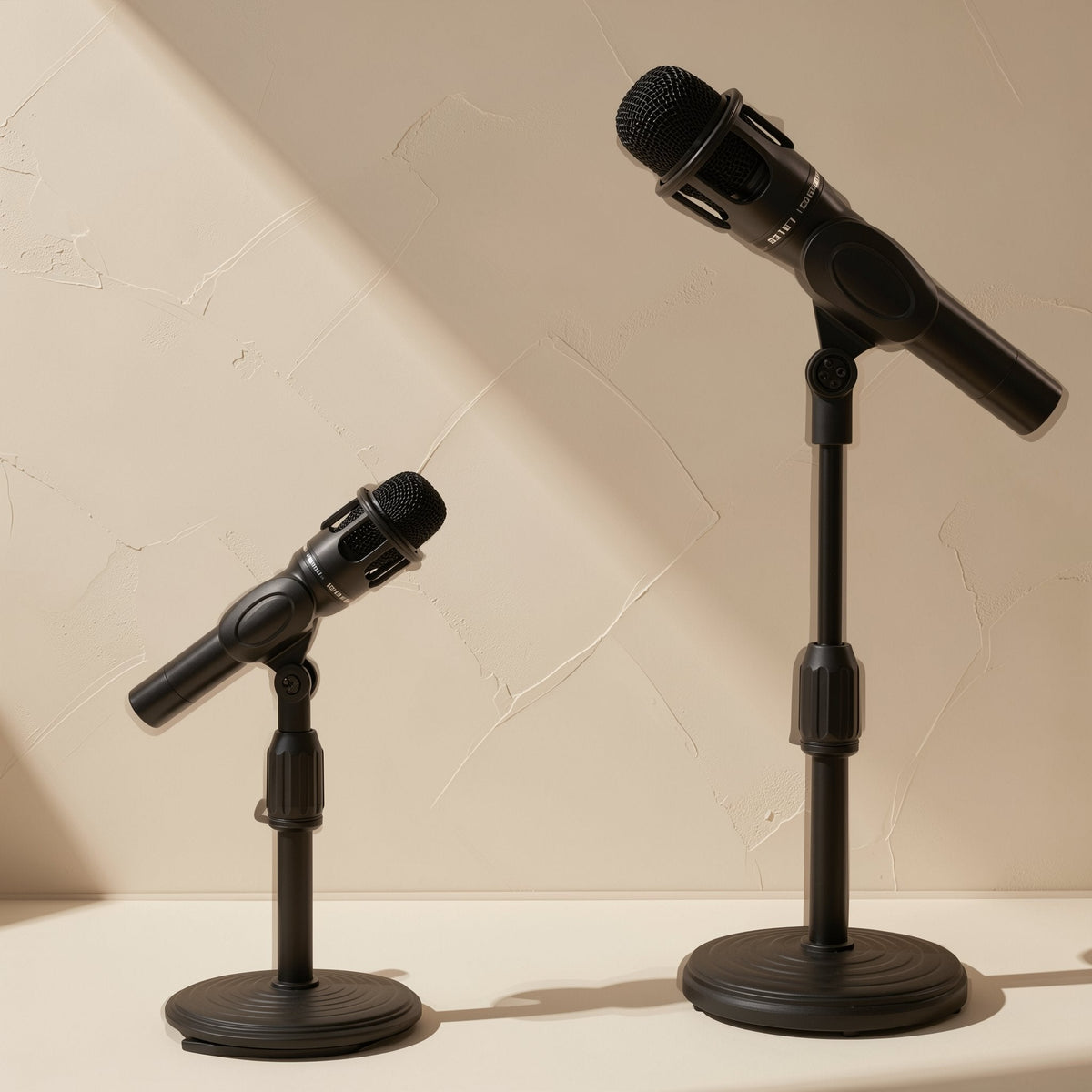 Deskrest Desktop Microphone Stand in two heights, each holding a microphone, against a beige wall
