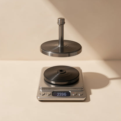 Deskrest Desktop Microphone Stand – round weighted metal base of the stand beside a digital scale showing its weight