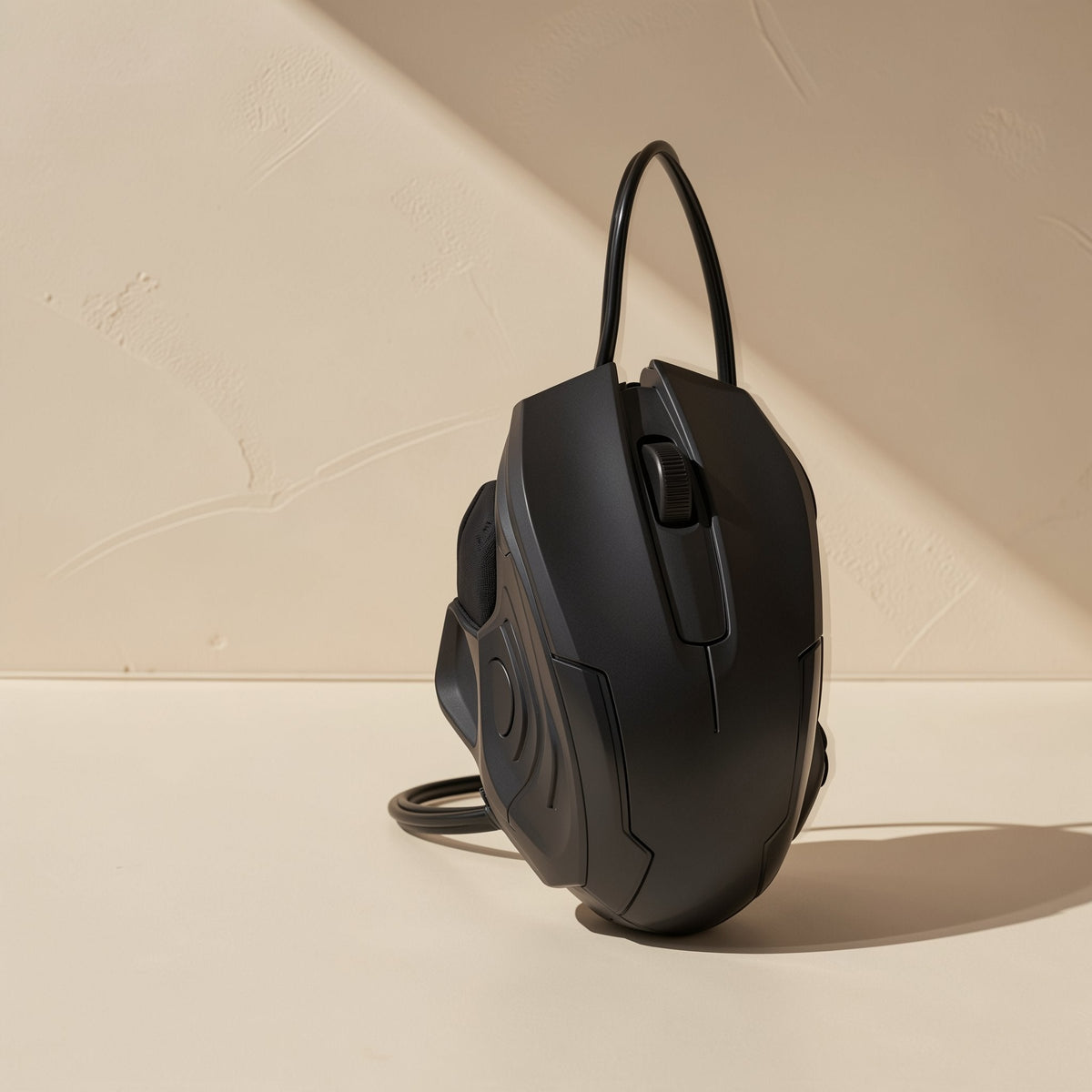 Cordglide Wired USB Optical Mouse – black wired mouse standing on its side with the cable looped above it, in warm sunlight