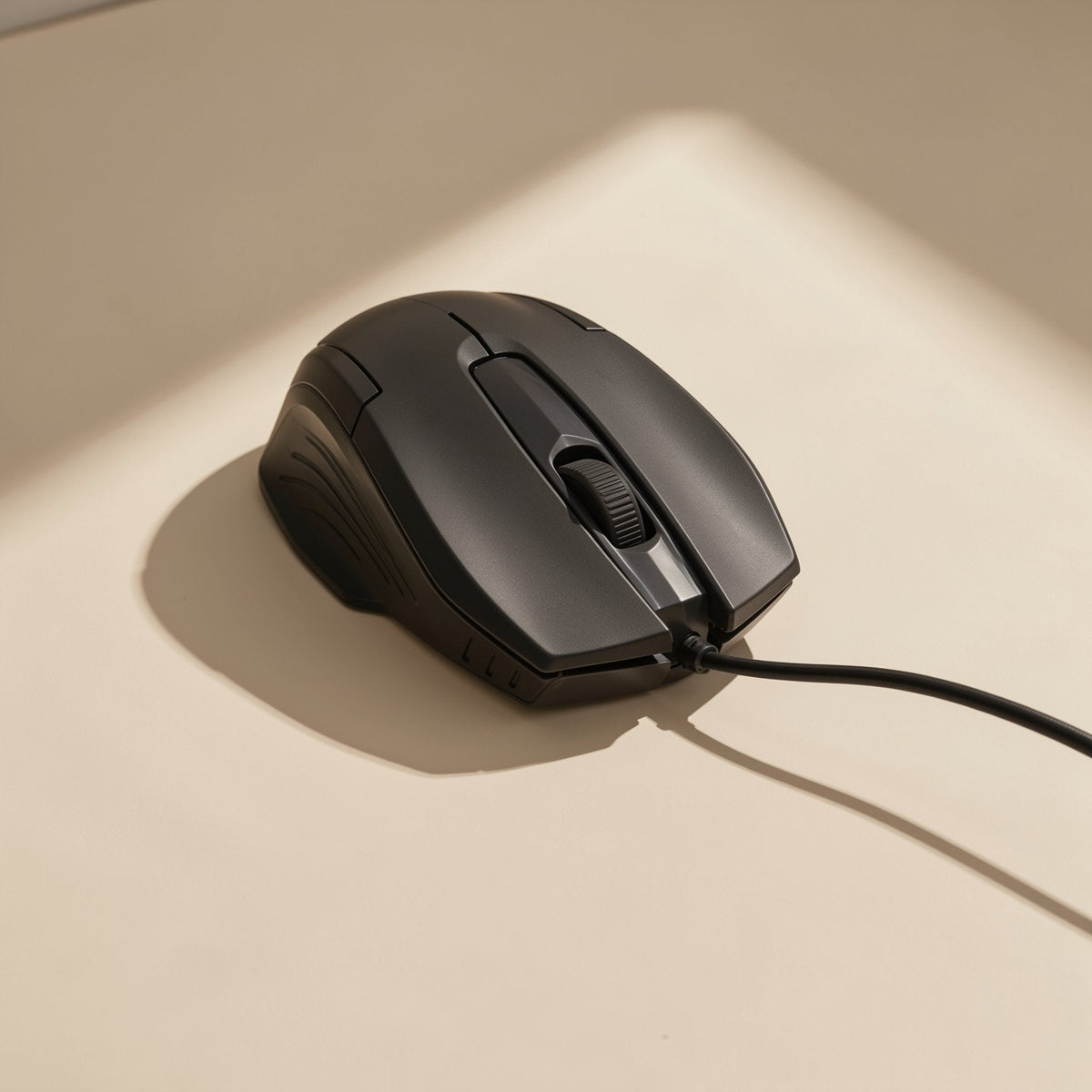 Cordglide Wired USB Optical Mouse – black optical mouse lying on a beige surface with its cable trailing out to the right