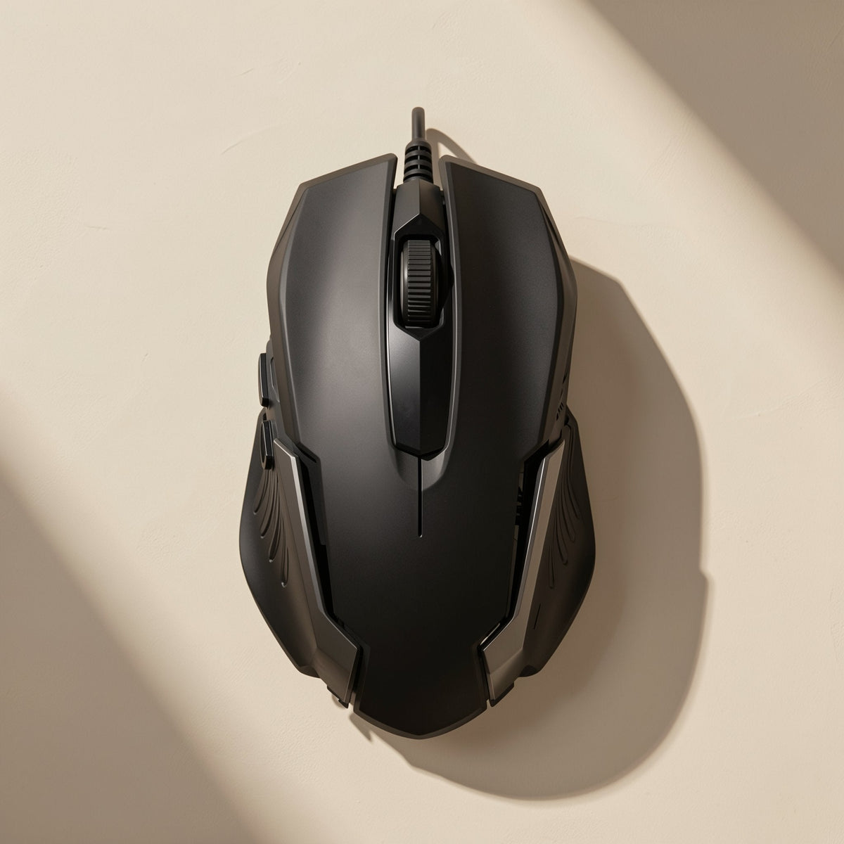 Cordglide – Top-down view of the black mouse showing the scroll wheel, side grips and angular panel design