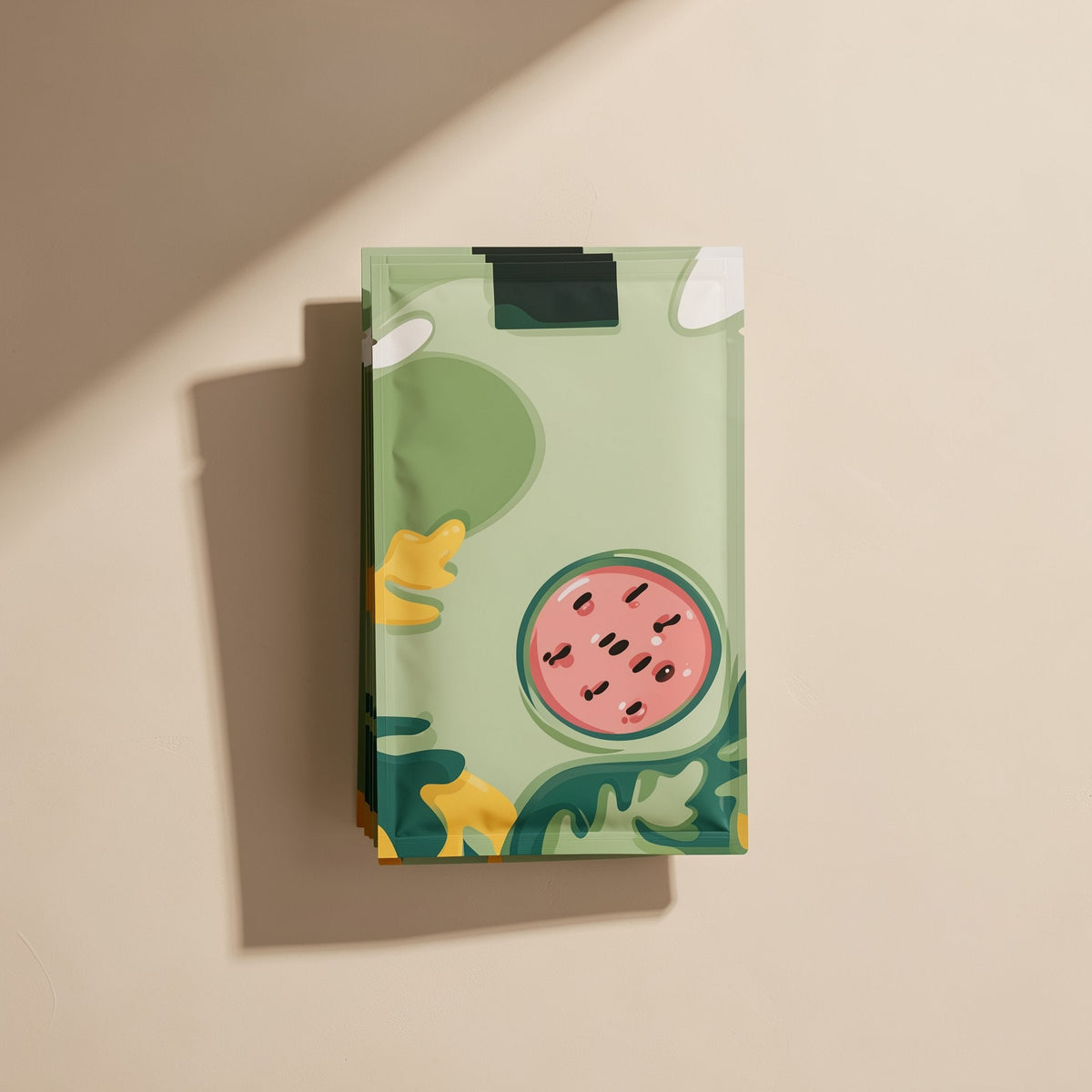 Chillchip – Green watermelon-print pouch of cooling stickers standing upright against a cream background