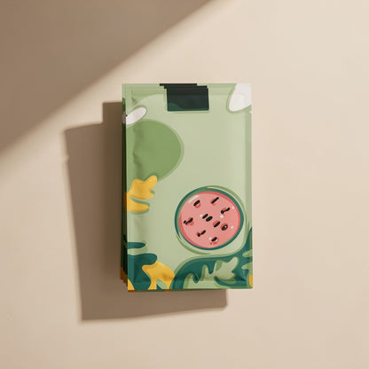Chillchip – Green watermelon-print pouch of cooling stickers standing upright against a cream background