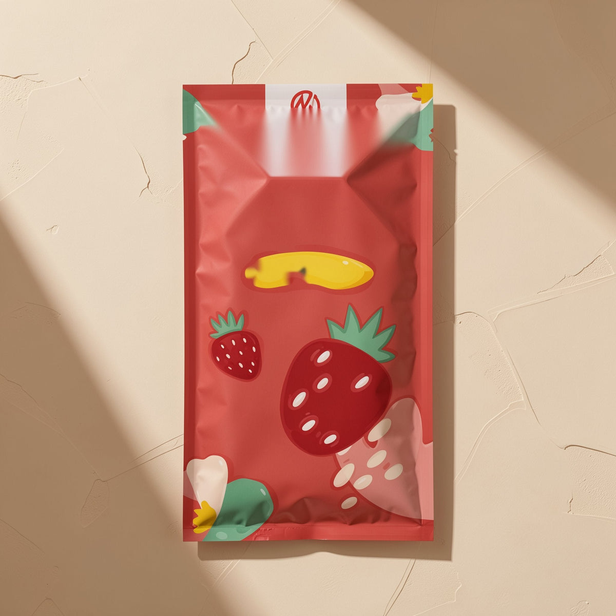 Chillchip – Red strawberry-print pouch of cooling stickers lying flat, with a yellow detail and a sunlit shadow