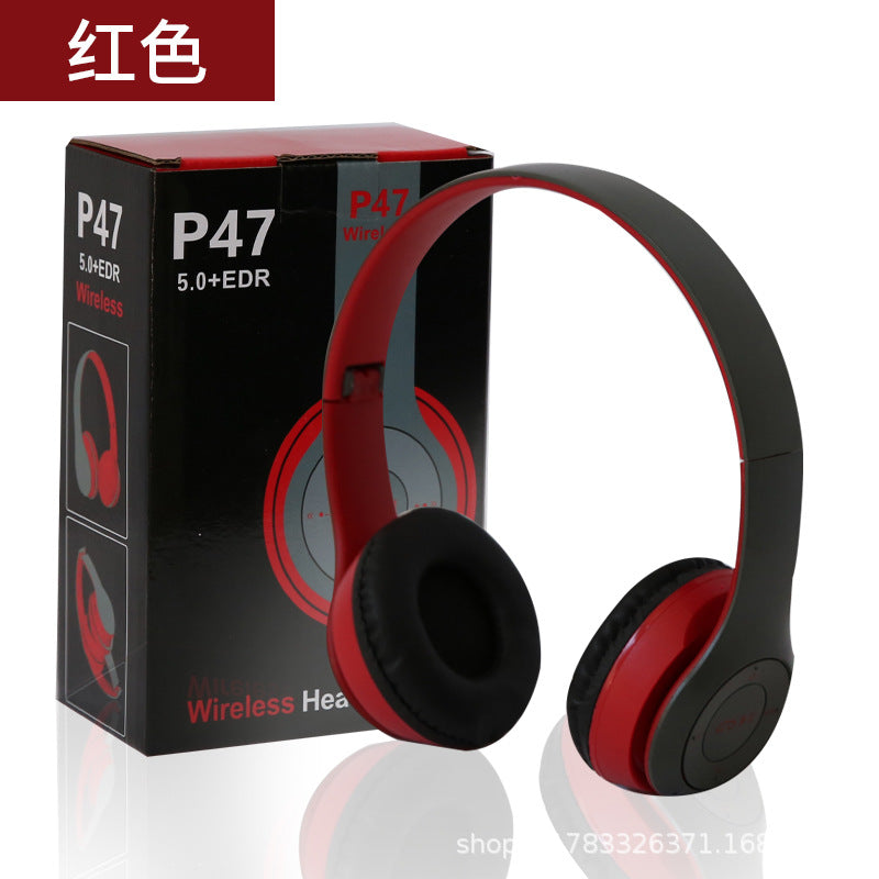 Soundfold – Red and gray over-ear headphones with black cushions next to the black P47 5.0+EDR box, red color label above