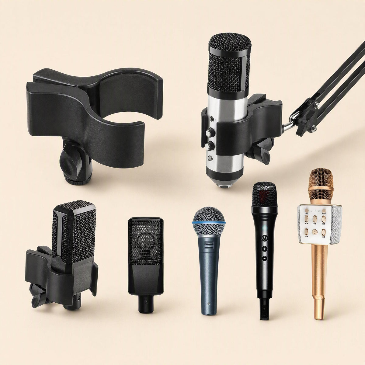 Calmstand – Black clip holders gripping a studio condenser, handheld and wireless microphones in a row of examples