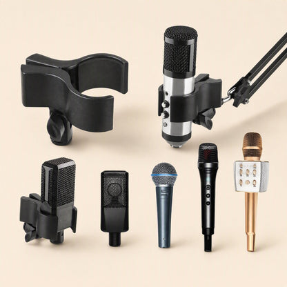 Calmstand – Black clip holders gripping a studio condenser, handheld and wireless microphones in a row of examples