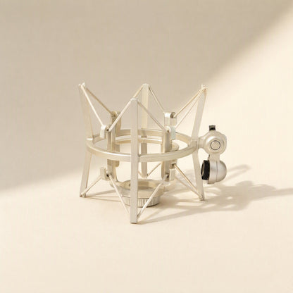 Calmstand – Silver metal shock mount with a spider-style frame and side ball-joint adapter against a cream backdrop